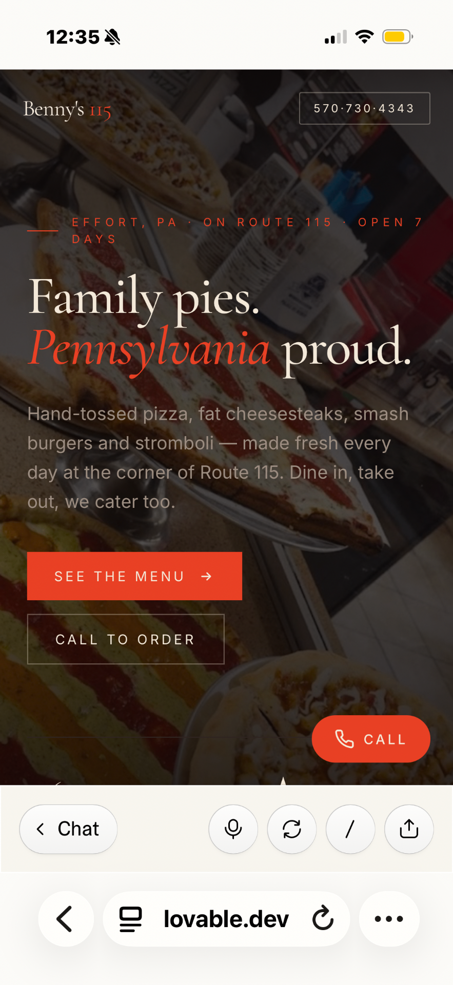 Benny's 115 Pizzeria website preview